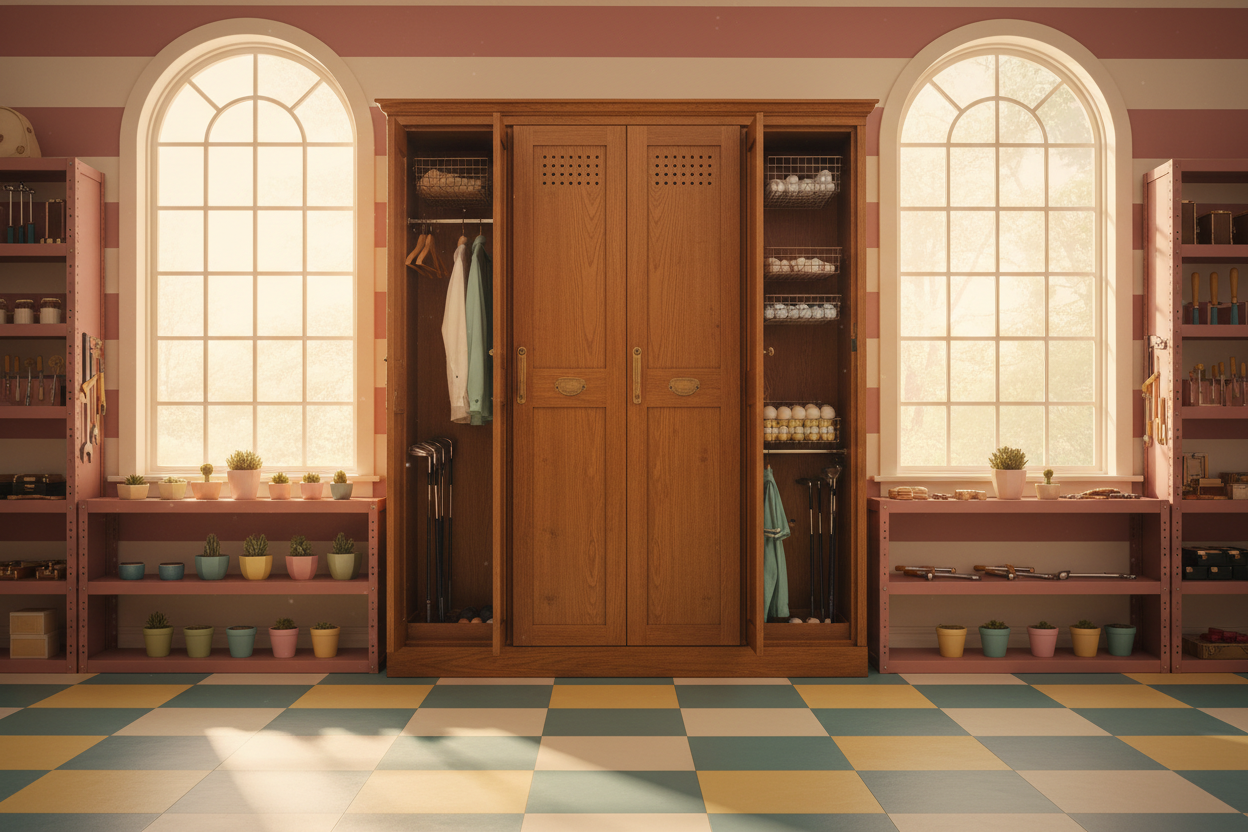 quality wooden golf locker in a garage that looks like the set of a wes anderson film with plenty of natural light